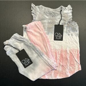 NWT Chaser Girls Tie-Dye Ruffle Tank & Legging Set – Size 6, Pink/White/Gray